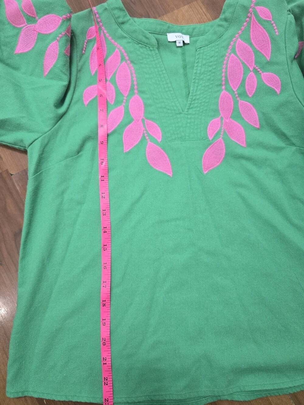 VOY Green Floral Lace V-NeckBoho Embroidered Puff Bubble Sleeve Cotton Linen Mix - Picture 9 of 15